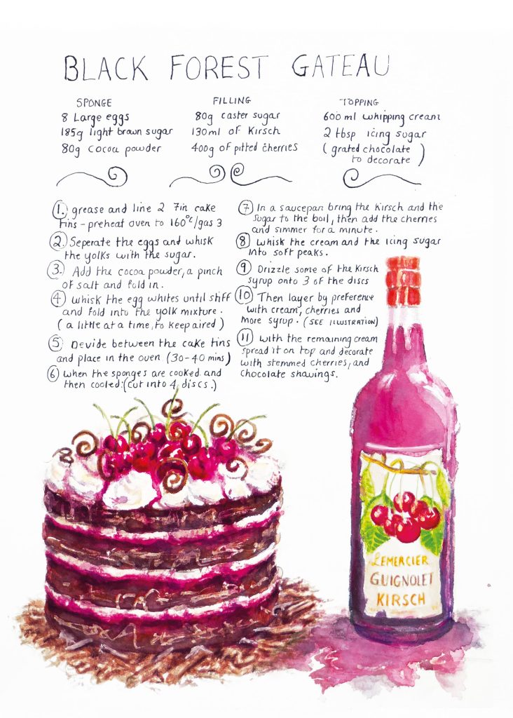 An illustration of a black forest gateaux with a bottle of kirsch