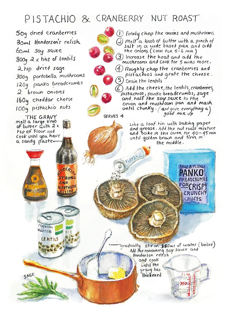 Nut roast illustration in watercolour. Illustrations of mushrooms, cranberries pistachio nuts and an illustration of a copper saucepan